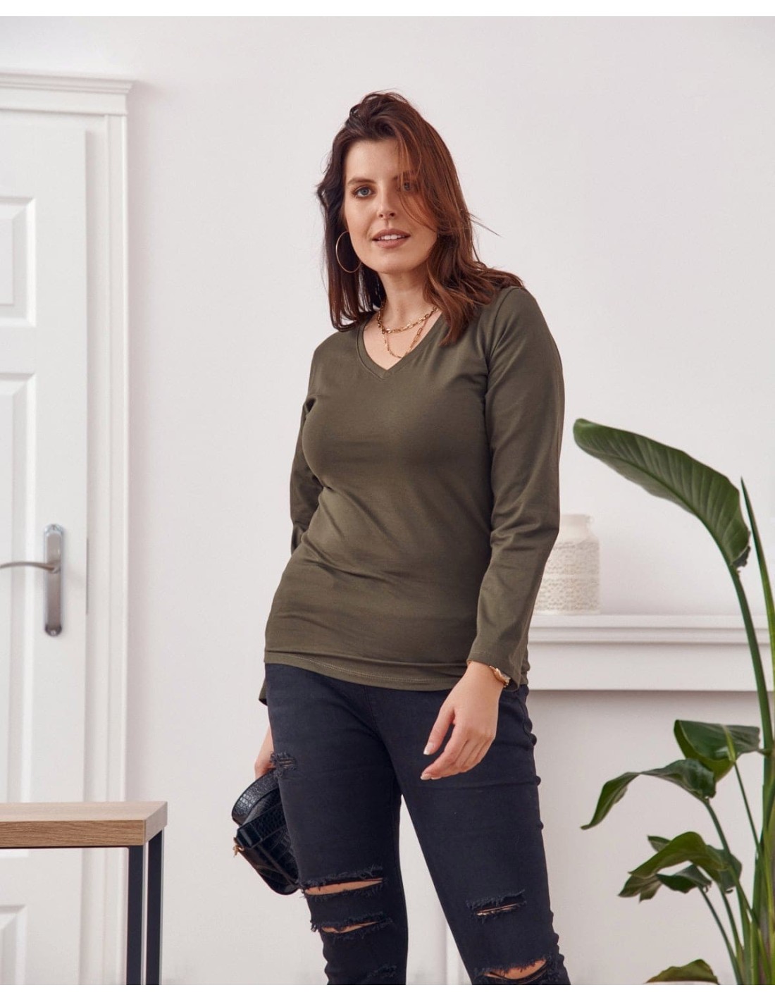 Plus Size khaki blúzka s dlhým rukávom FK568 - Internetový obchod - Butik